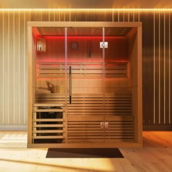 Sauna tradi électrique 4–5 places – Bois Hemlock, verre trempé & chauffage 6 kW