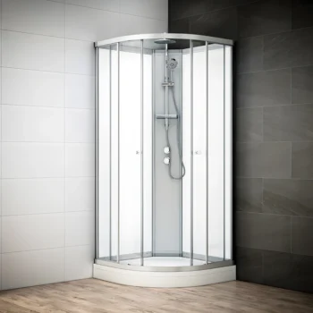Cabine de douche d’angle 80×80 cm – Design blanc, paroi transparente et robinetterie
