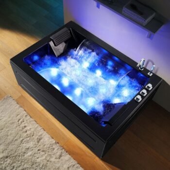 Baignoire balnéo d’angle duo 180×126 cm avec LED, ozonateur et Bluetooth