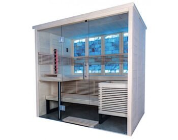 Sauna combiné compact bois épicéa & chauffage tradi, infrarouge et mur de sel