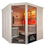 Sauna combiné grande cabine bois massif avec poêle, infrarouge et mur de sel
