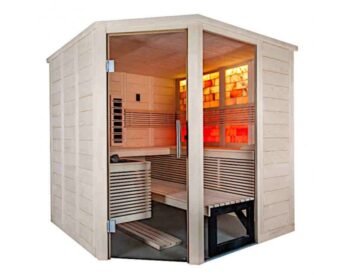 Sauna combiné 3 places haut de gamme avec mur de sel rétroéclairé, chauffage tradi
